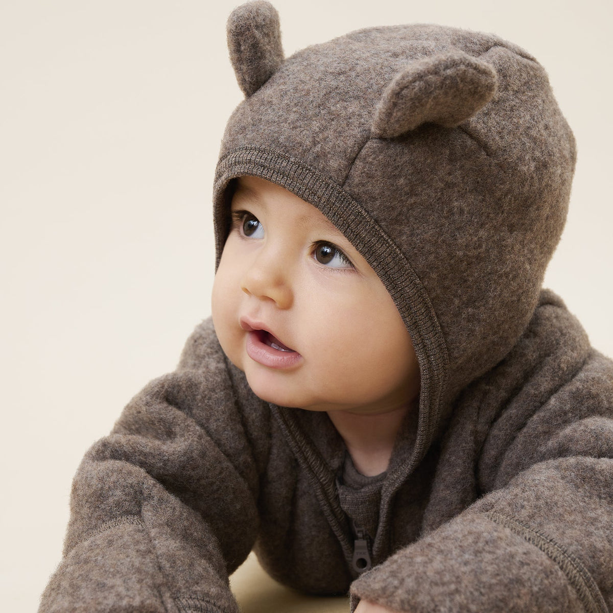 HUTTEliHUT - Pram Suit Ears Wool Fleece Brown Melange 92/2Y